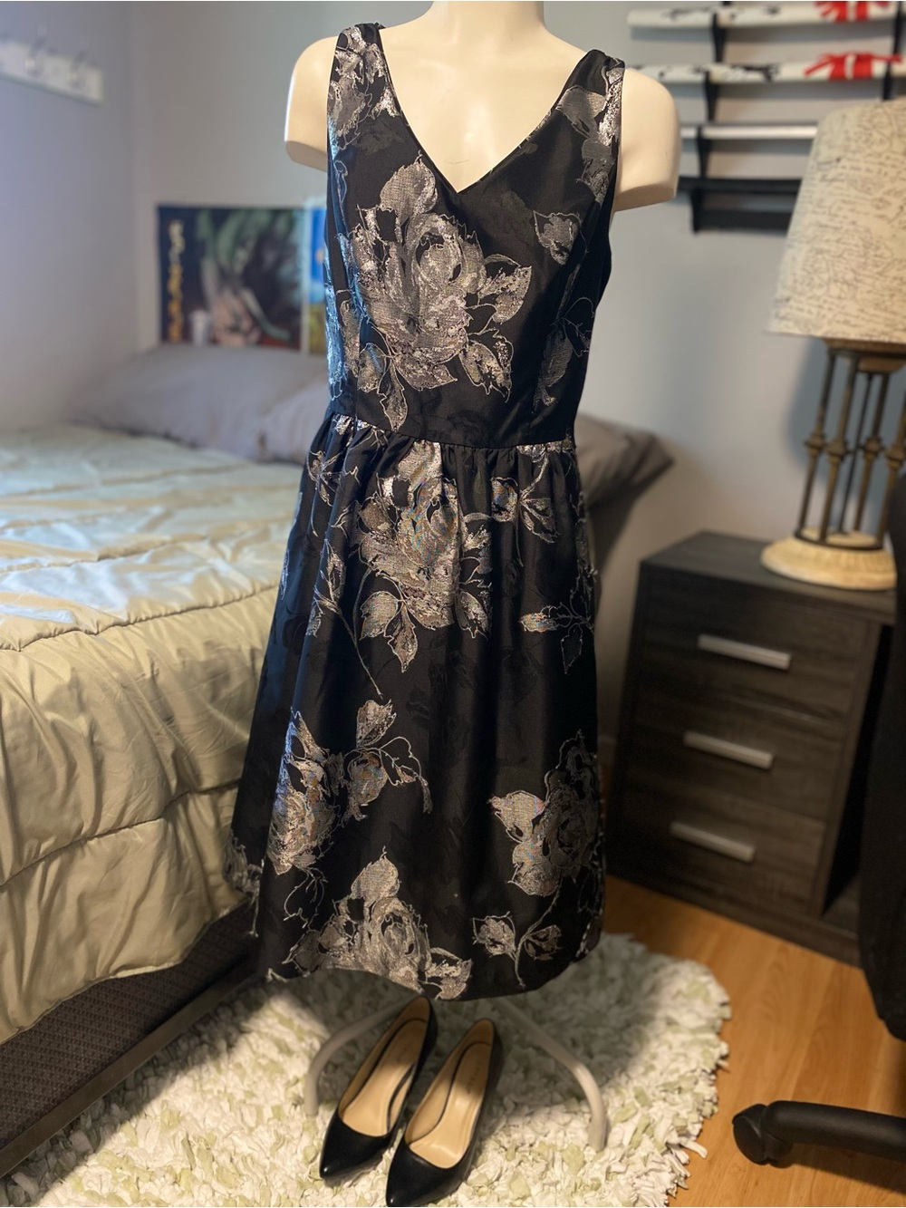 White House Black Market Black Dress with Silver Floral Jacquard